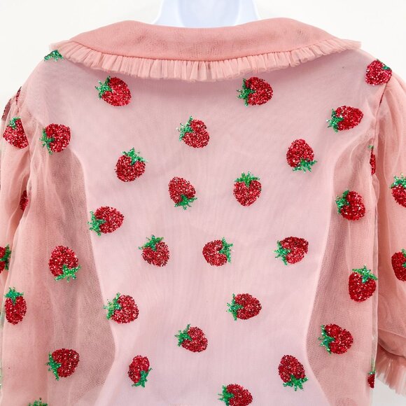 Lirika Matoshi Strawberry Print Tulle Tie Front Collared Cropped Blouse Top - Picture 8 of 11